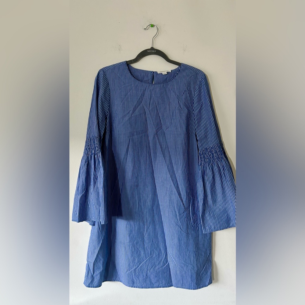 beachlunchlounge Blue Pinstripe Dress with Bell Sleeves